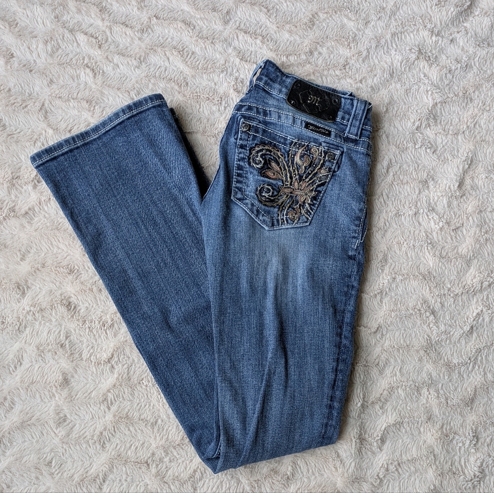 Miss Me Denim Boot Cut Jeans with Intricate Stitching